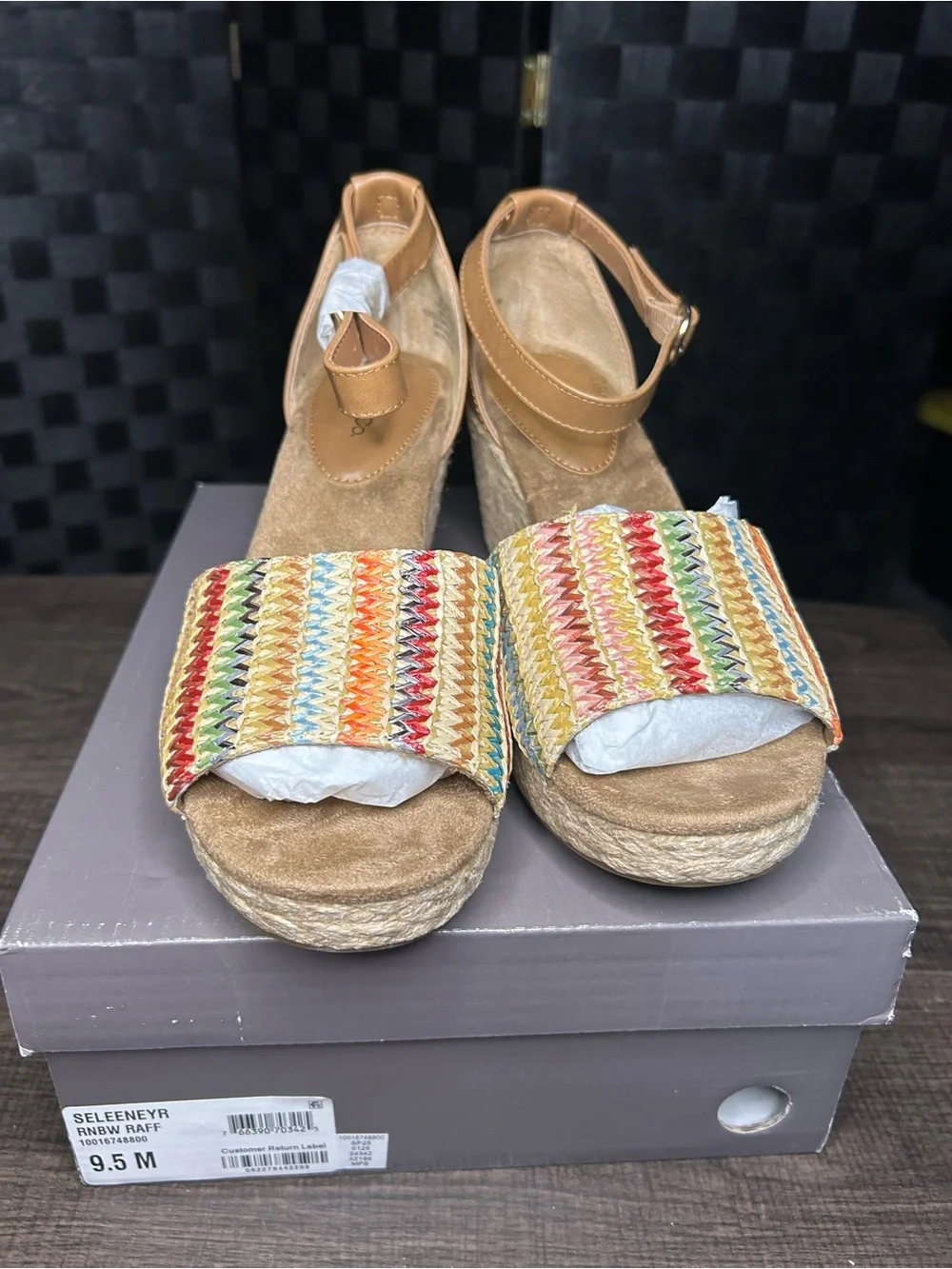 Rainbow Raffia Platform Wedge Sandals - Tan/Multicolor